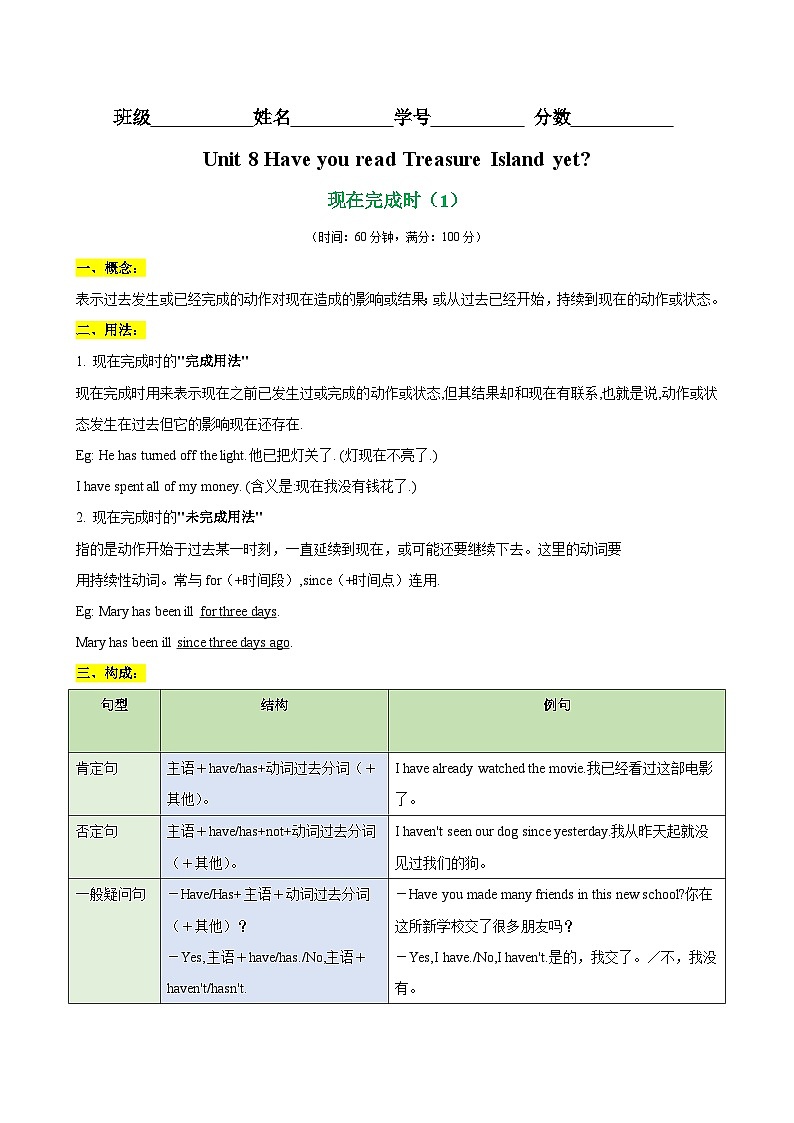 人教八年级英语下册单元语法精讲精练Unit 8 Have you read Treasure Island yet 语法Grammar 现在完成时(1)第1页