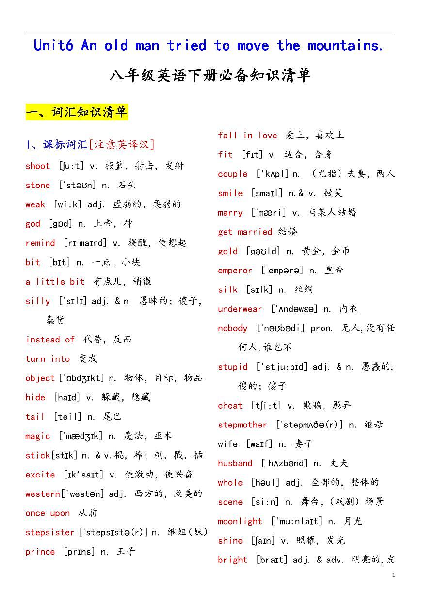 八年级英语下册同步必备知识清单  Unit 6 An old man tried to move the mountains.（人教版）第1页