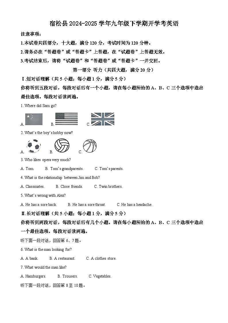 安徽省安庆市宿松县2024-2025学年九年级下学期开学考 英语试卷第1页