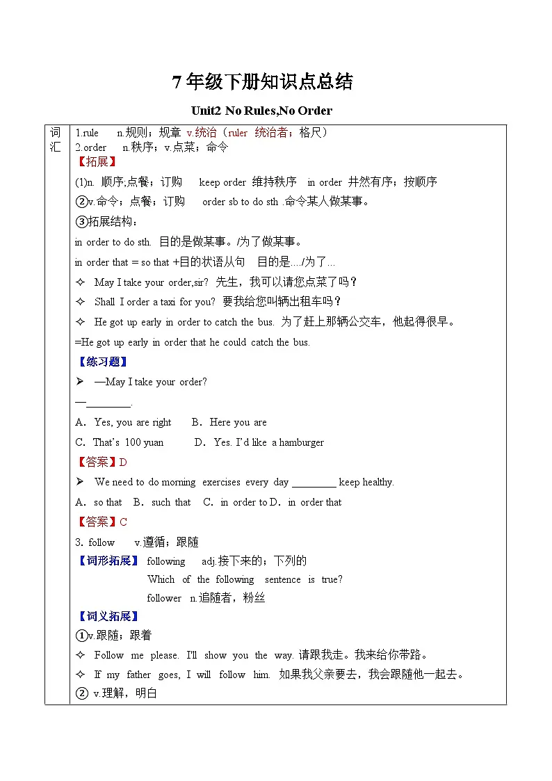 Unit2 No Rules,No Order 2025年人教版新版七年级下册知识点总结&语法专项练习（教师版）第1页