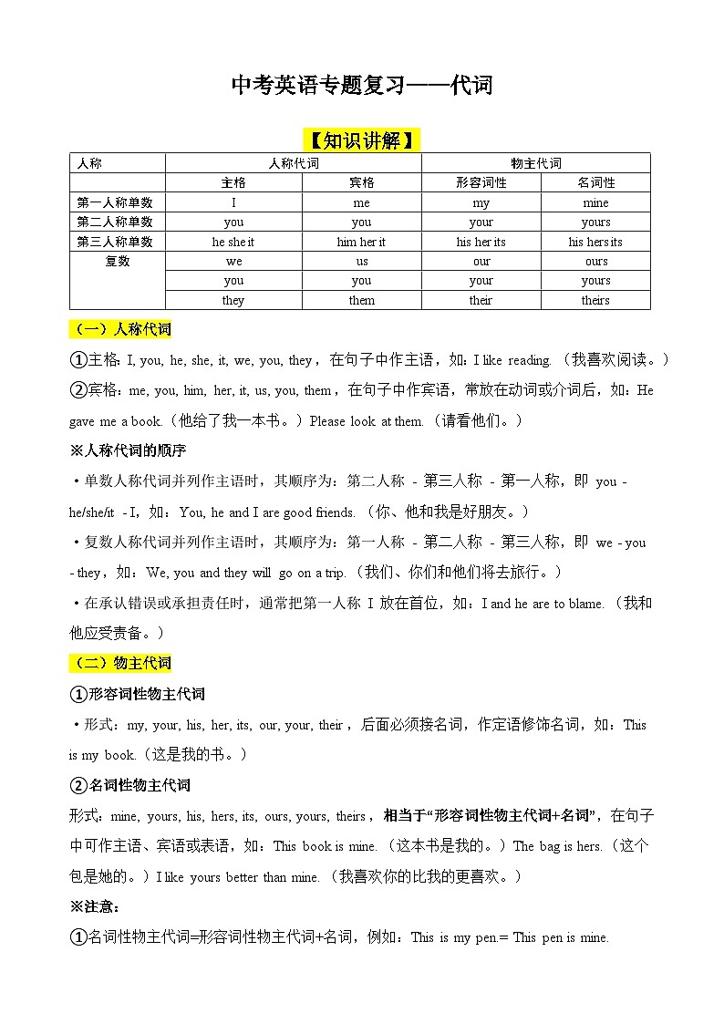 初中中考英语专题——代词知识点与习题训练（含答案）第1页