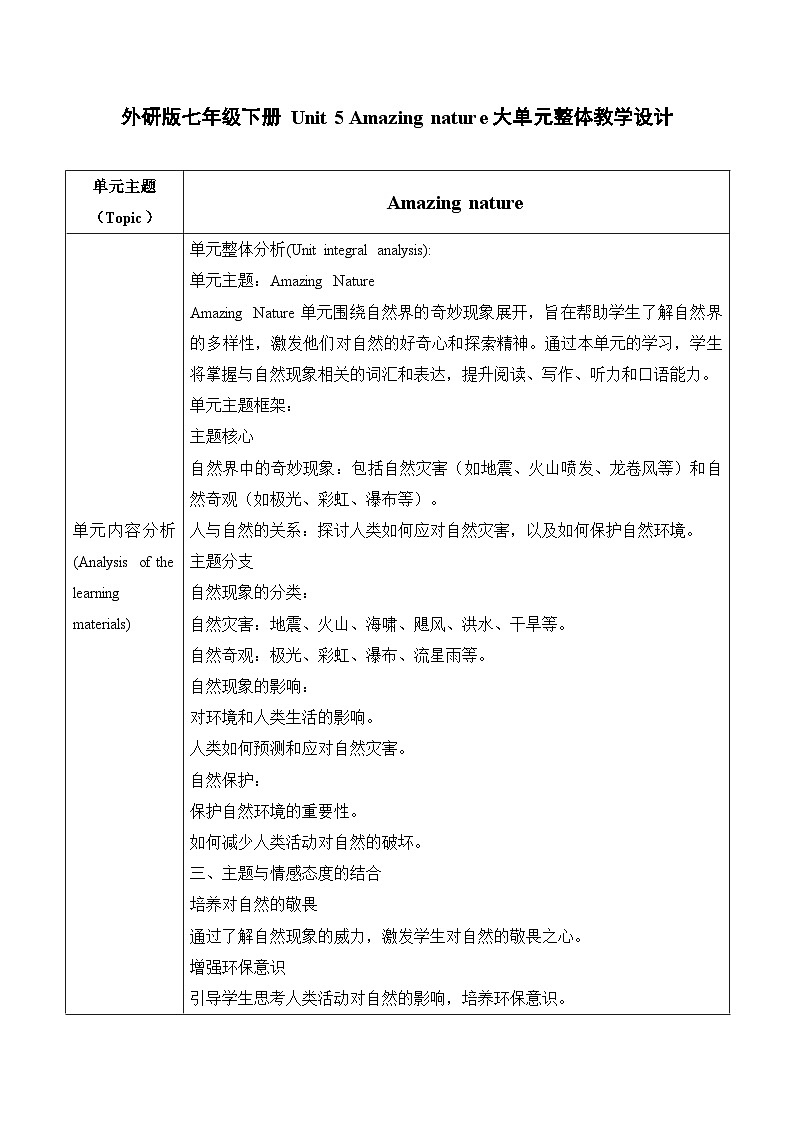 Unit 5 Amazing nature大单元整体教学设计第二课时Developing Ideas Listening&speaking 外研版七年级下册英语第1页