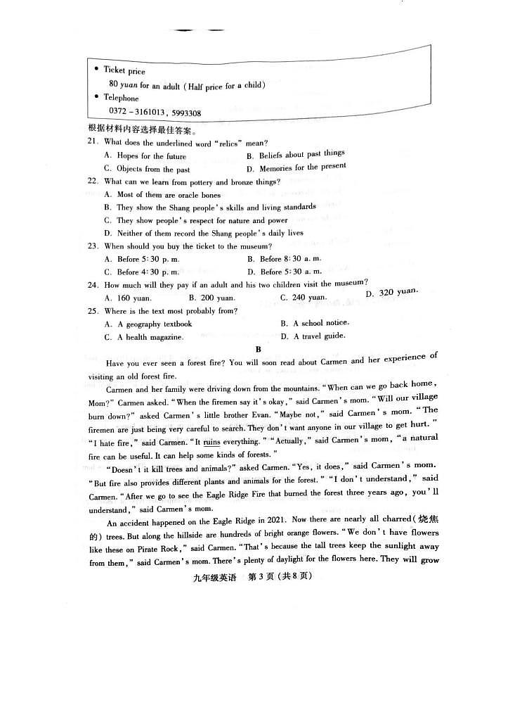 2025年河南省洛阳市汝阳县中考一模英语试题及答案第3页