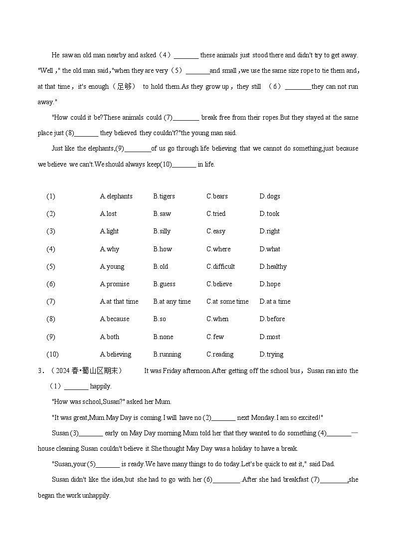 外研版（2024）七年级下册英语期末复习：完形填空 专题提升练习题（含答案解析）第2页