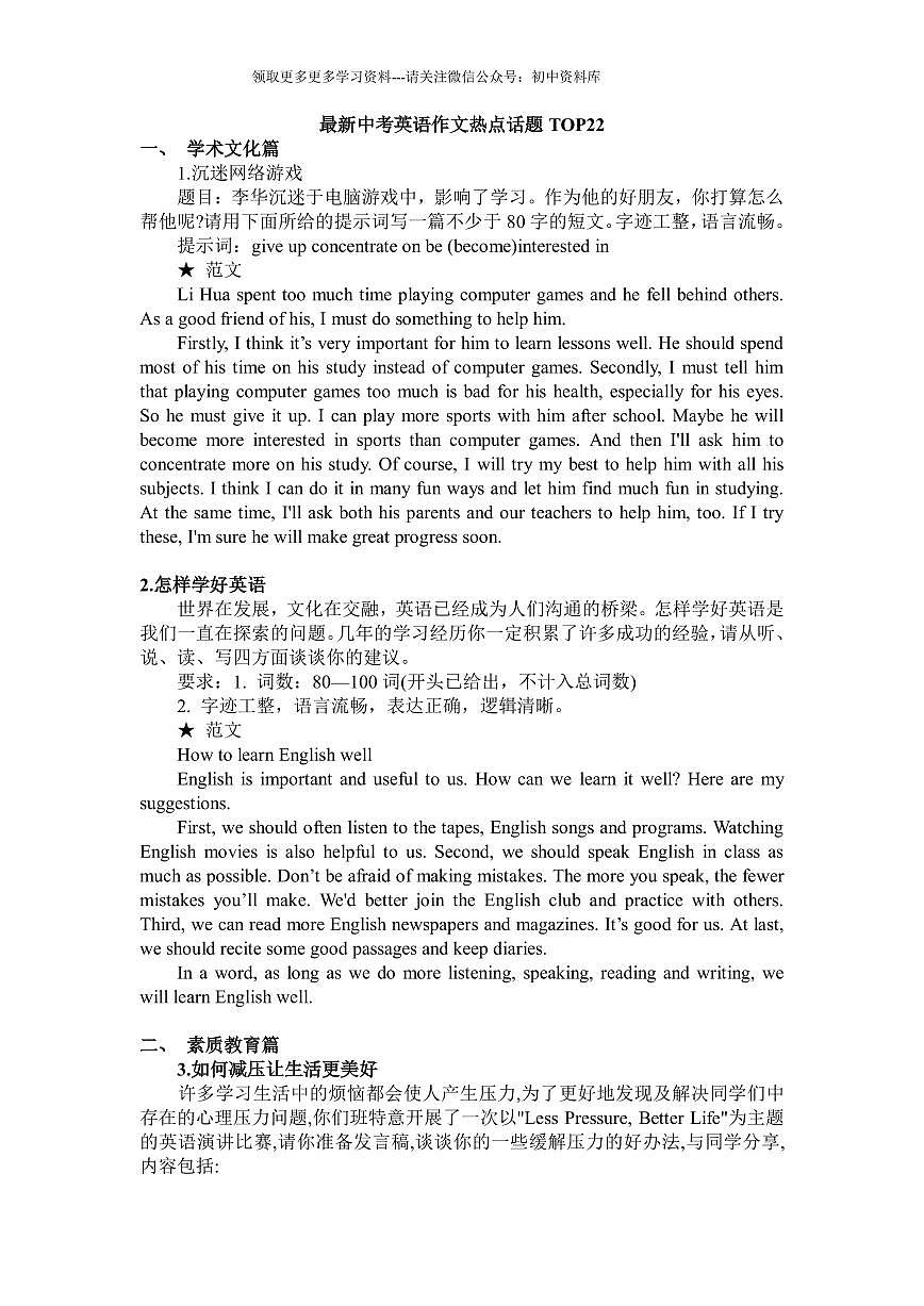 初中英语作文热门话题（共22个话题学案第1页