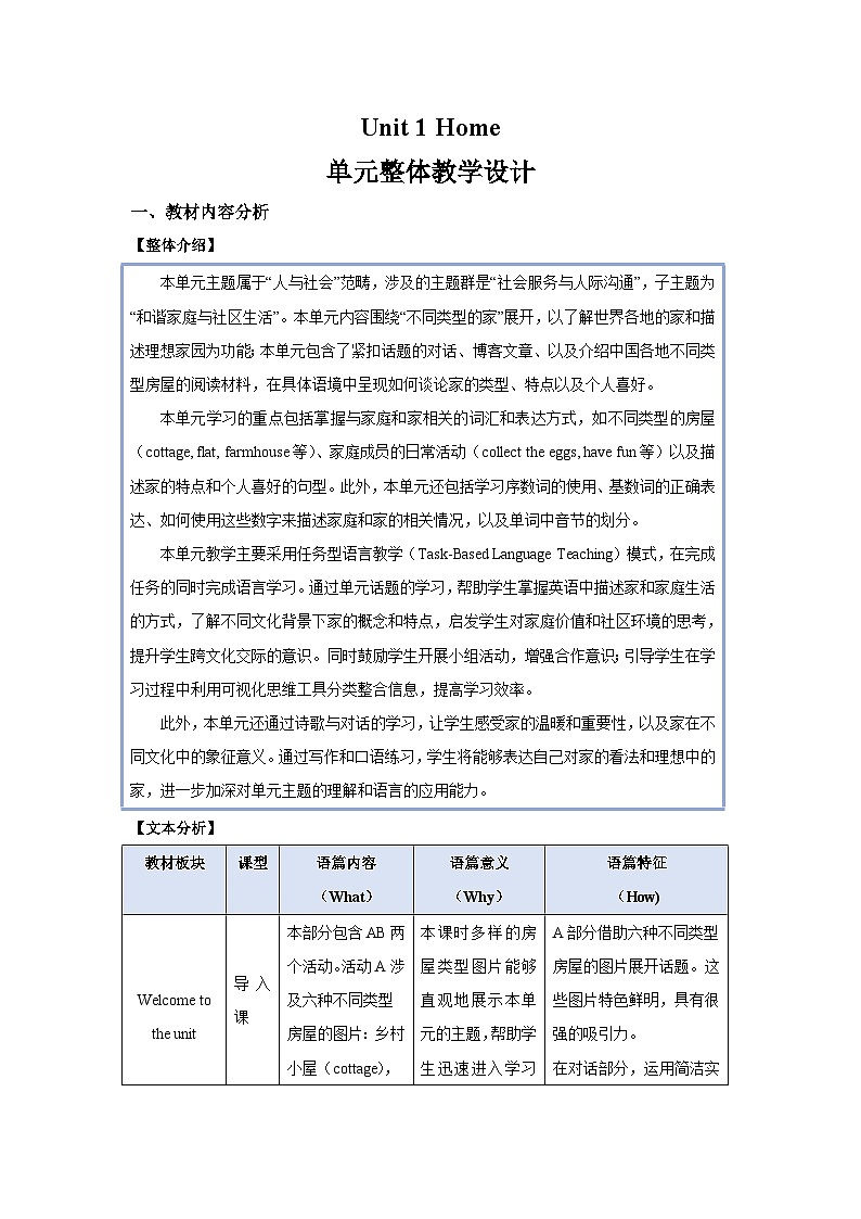 Unit 1 Home 单元整体教学设计  初中英语译林版（2024）七年级下册第1页