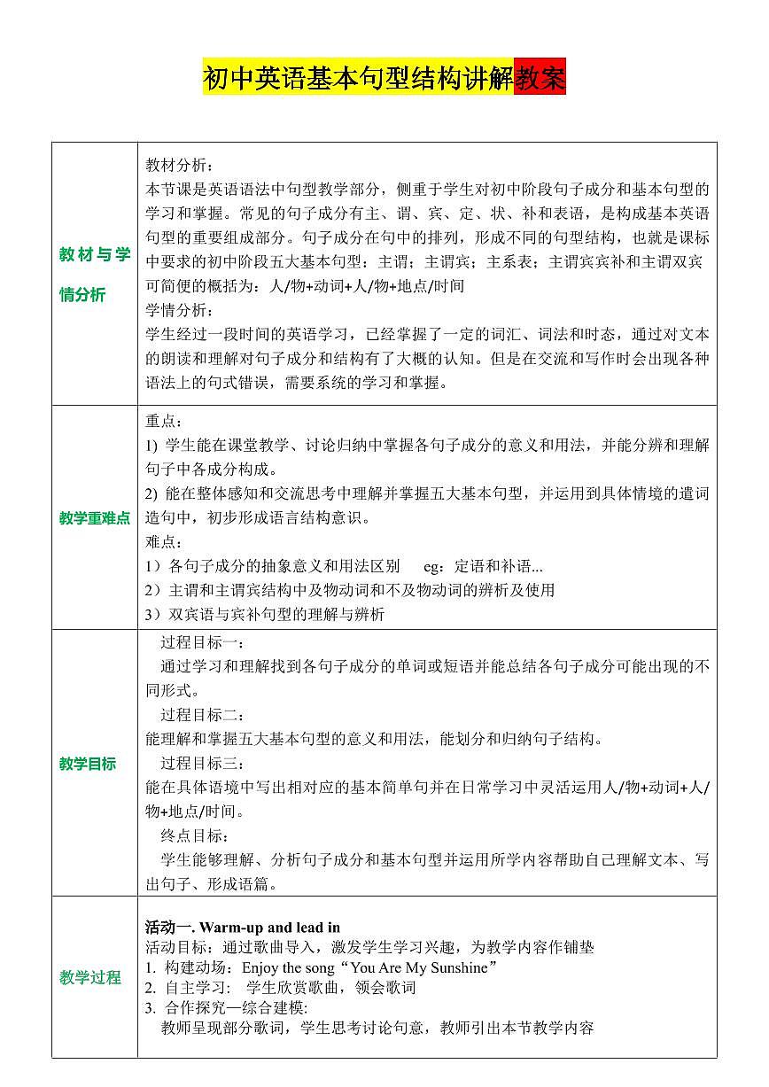 初中英语基本句型结构讲解教案&学案第1页
