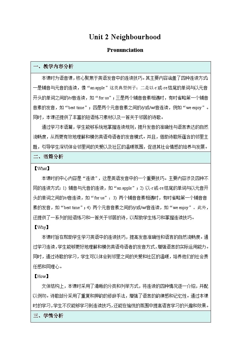 Unit 2 Neighbourhood Pronunciation 教案 英语译林版（2024）七年级下册第1页