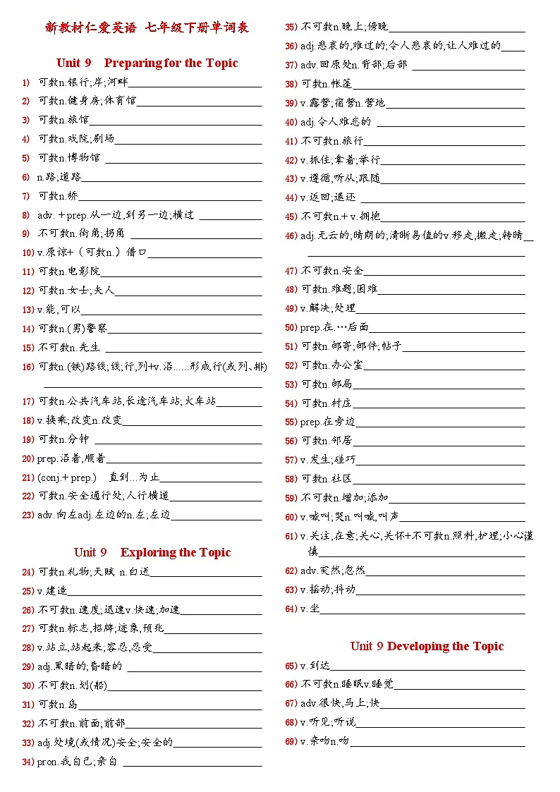 仁爱科普版（2024）七年级下册Unit 9 单词默写表—练习第1页