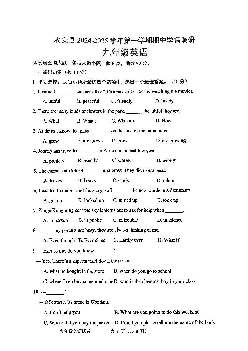 吉林省长春市农安县2024-2025学年九年级上学期10月期中英语试题第1页