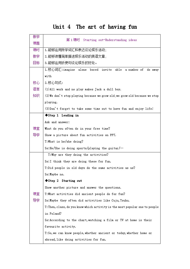 新外研版英语七下Unit4 第1课时Starting out-Understanding ideas教案第1页