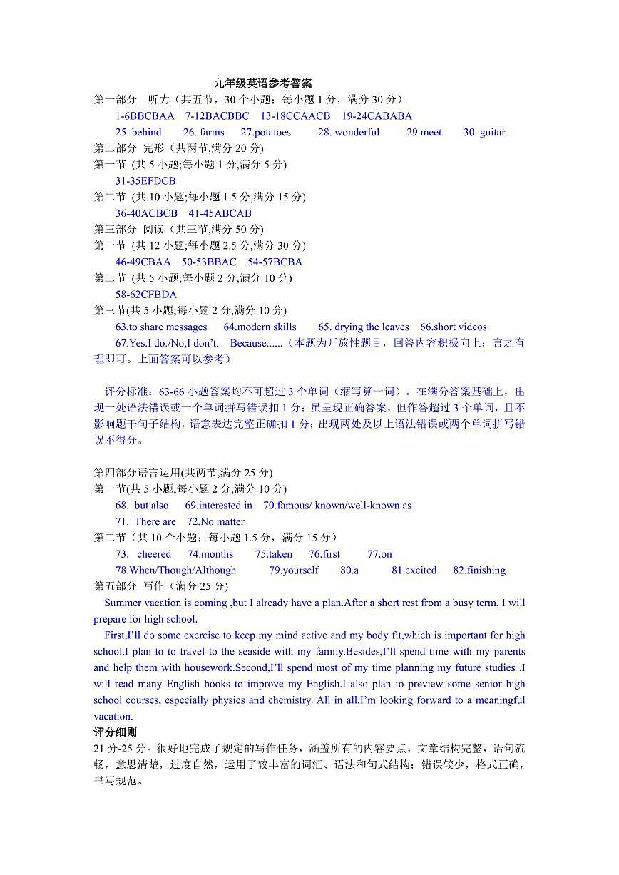 3.28 定稿  九年级英语参考答案(4)第1页