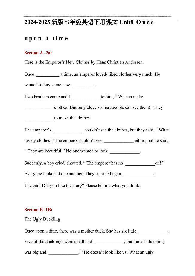 新人教版七年级下册英语Units 7~8课文挖空练习第3页