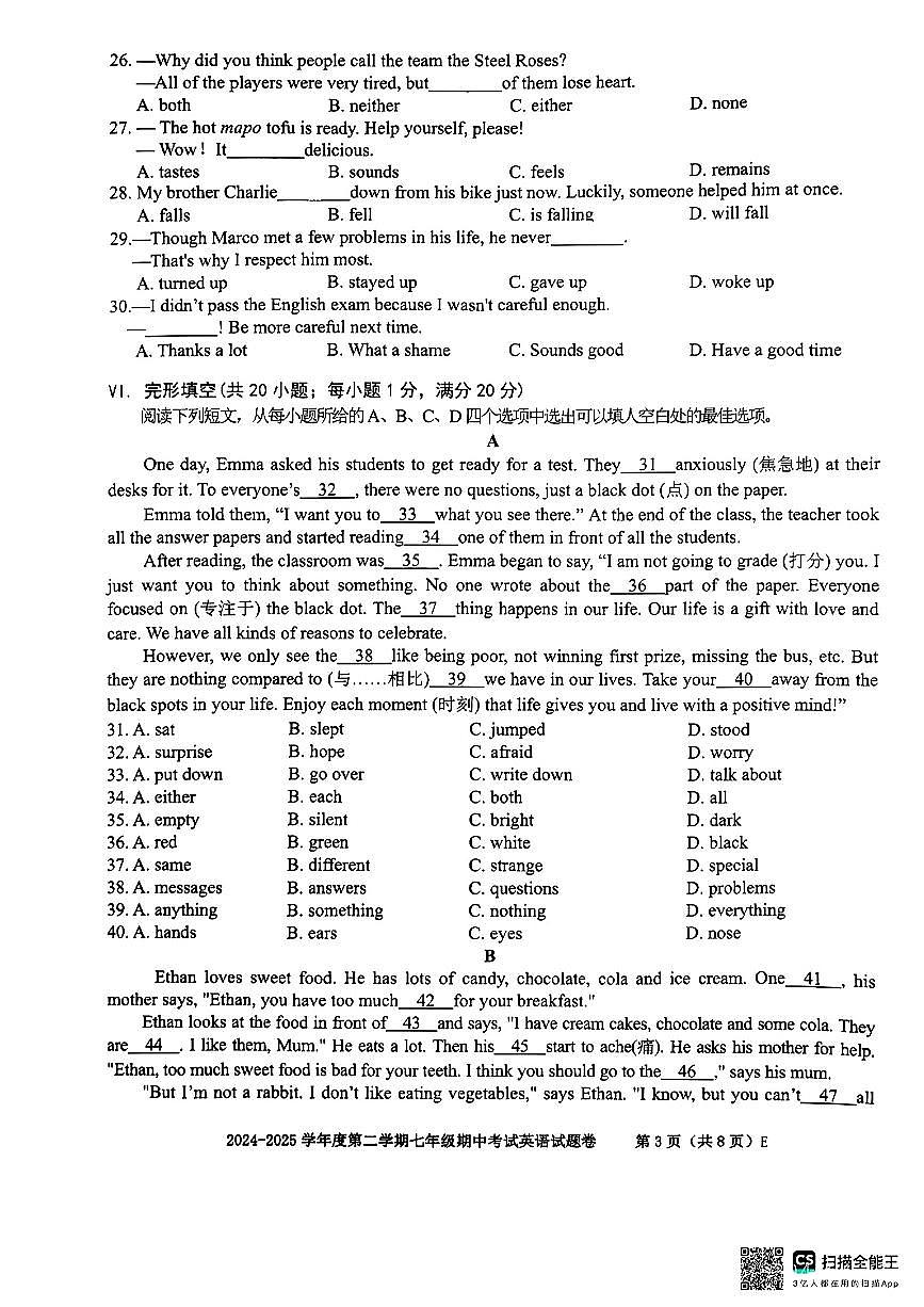 安徽省合肥市育英中学2024-2025学年七年级下英语期中试卷第3页