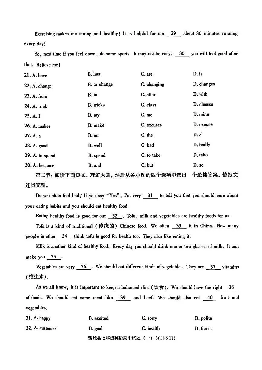 陕西省渭南市蒲城县2024-2025学年七年级下英语期中试卷第2页