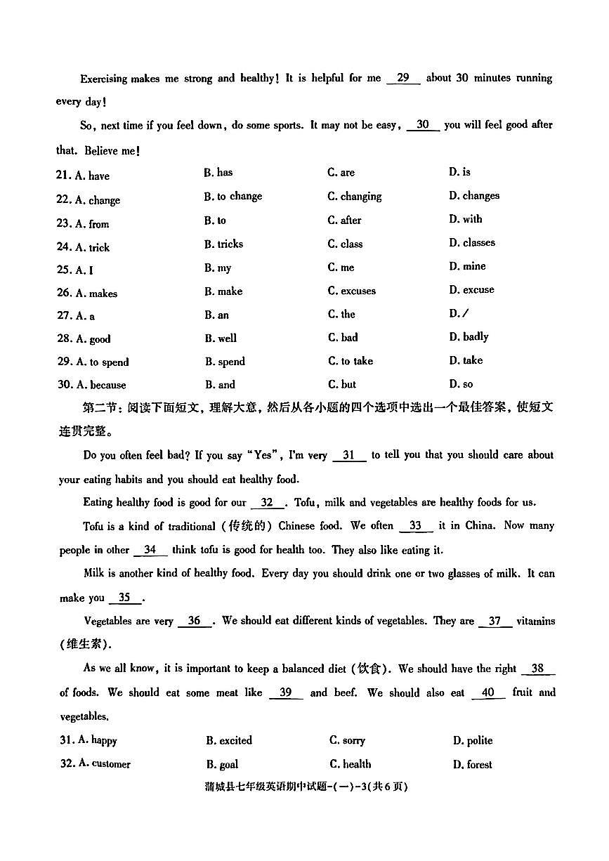 陕西省渭南市蒲城县2024-2025学年七年级下英语期中试卷第2页