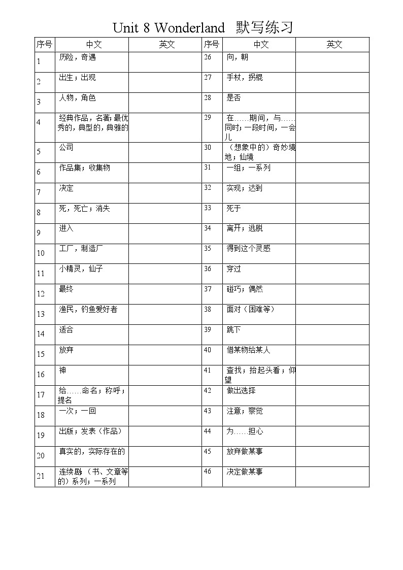 Unit 8 Wonderland 默写练习2024-2025学年译林版英语（2024）七年级下册（练习）第1页