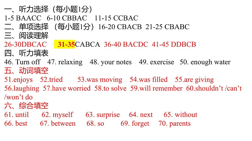 英语答案 教学质量反馈3.10第1页