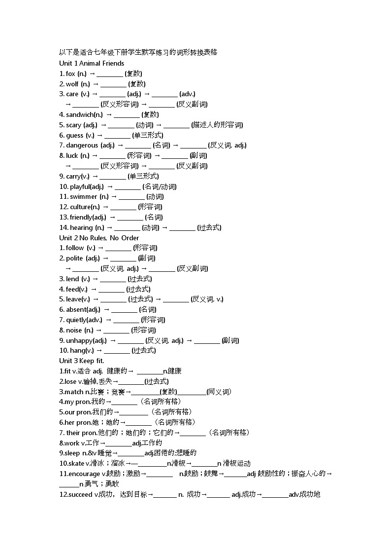2024-2025学年度人教版七年级下册英语1-4单元词汇变形学案第1页