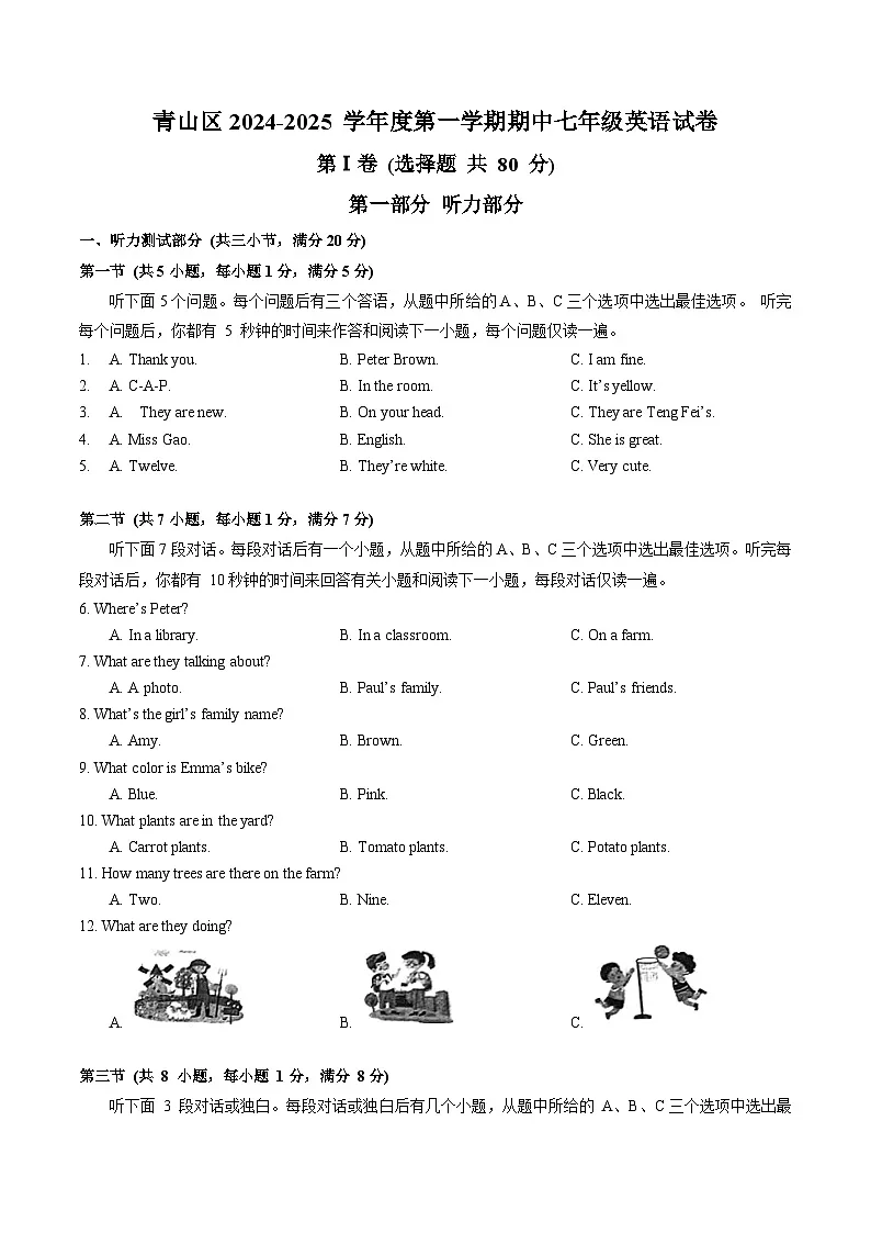 武汉市青山区2024-2025学年上学期期中七年级英语试题（word版含答案）第1页