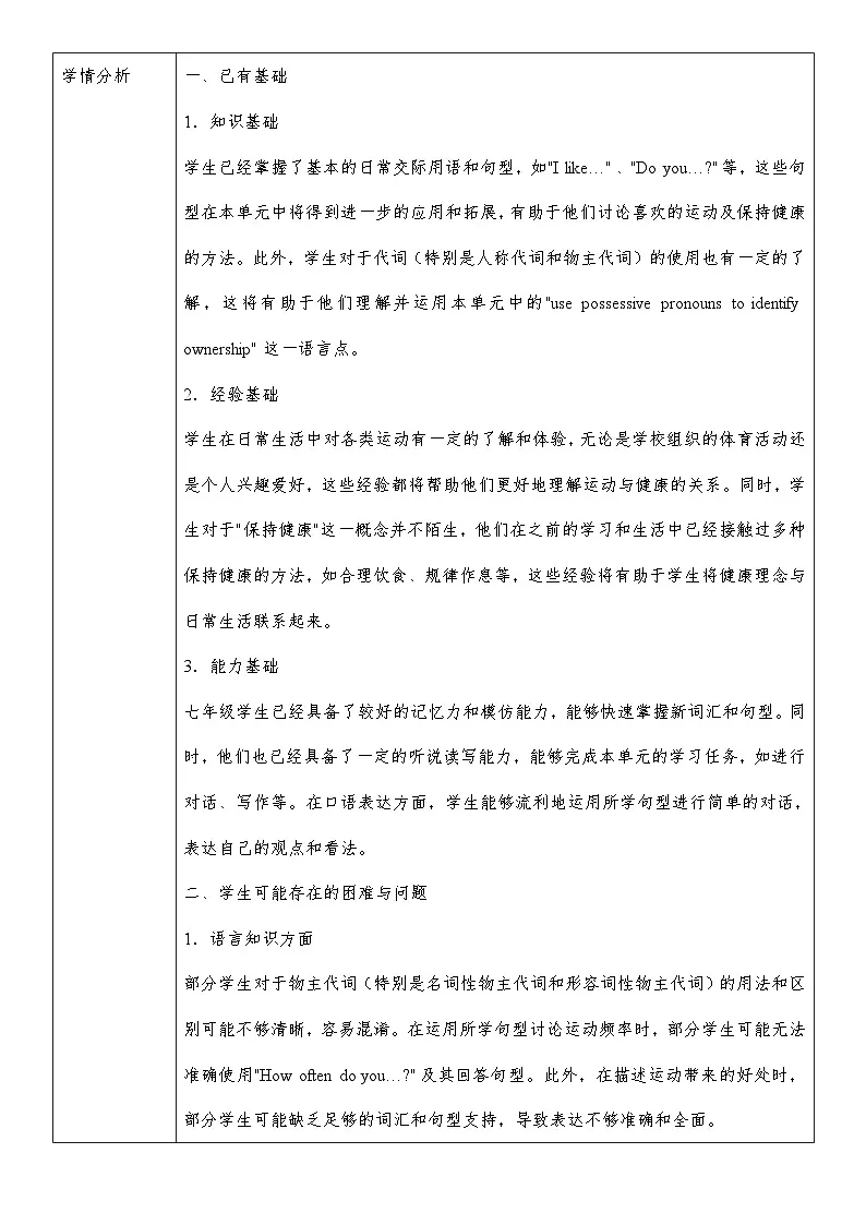 人教版（2024）七年级下册英语Unit 3 Keep Fit 单元集体备课教案（共6课时）第2页