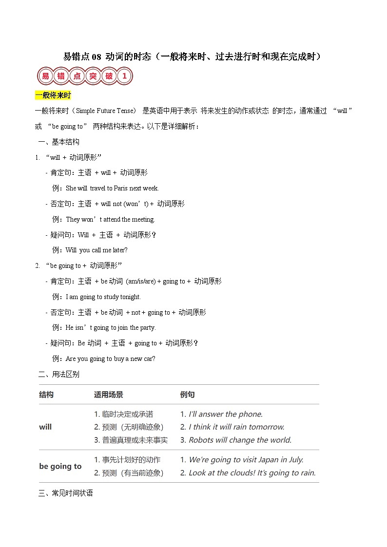 备战2025年中考英语考试易错题（江苏专用）易错点08动词的时态（一般将来时、过去进行时和现在完成时）（教师版）第1页