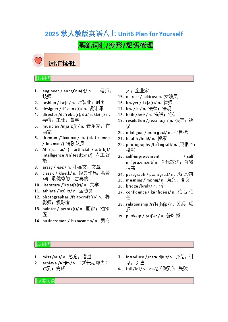 Unit6 基础知识梳理 2025-2026学年人教版（2024）八年级英语上册第1页