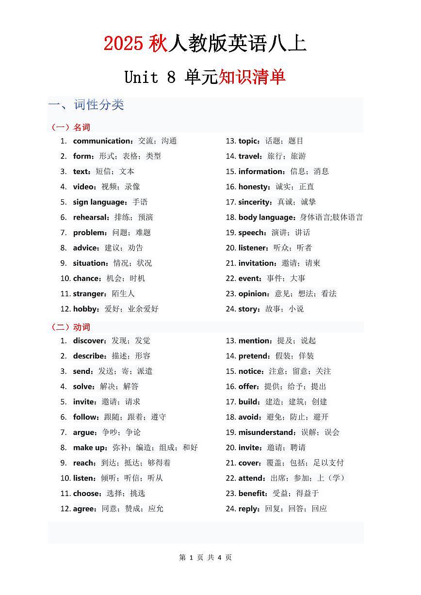 人教版2024八年级上册英语 单元知识清单Unit 8 教师版第1页