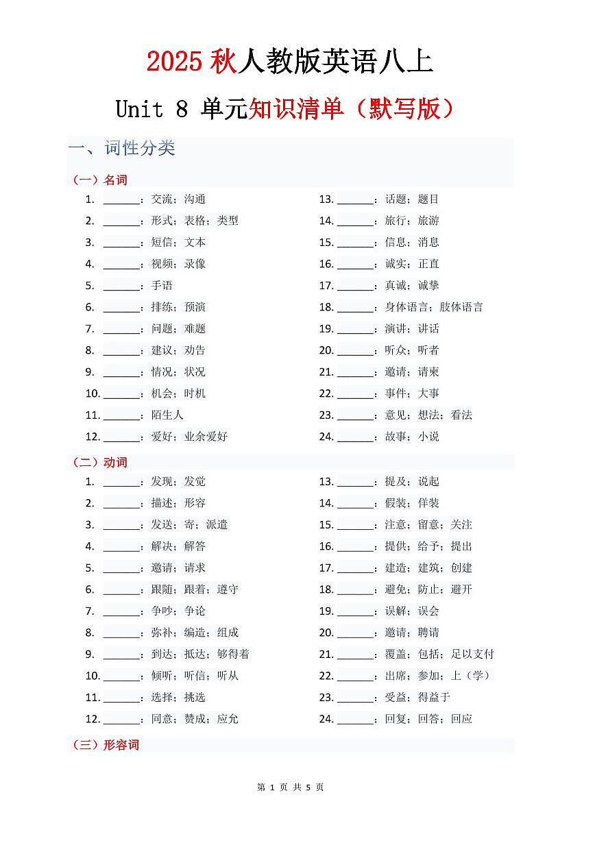 人教版2024八年级上册英语 单元知识清单Unit 8 默写版第1页
