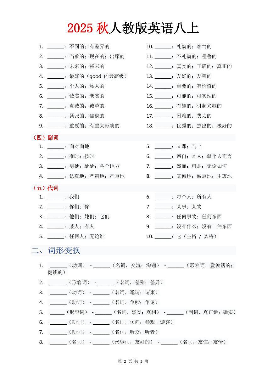 人教版2024八年级上册英语 单元知识清单Unit 8 默写版第2页