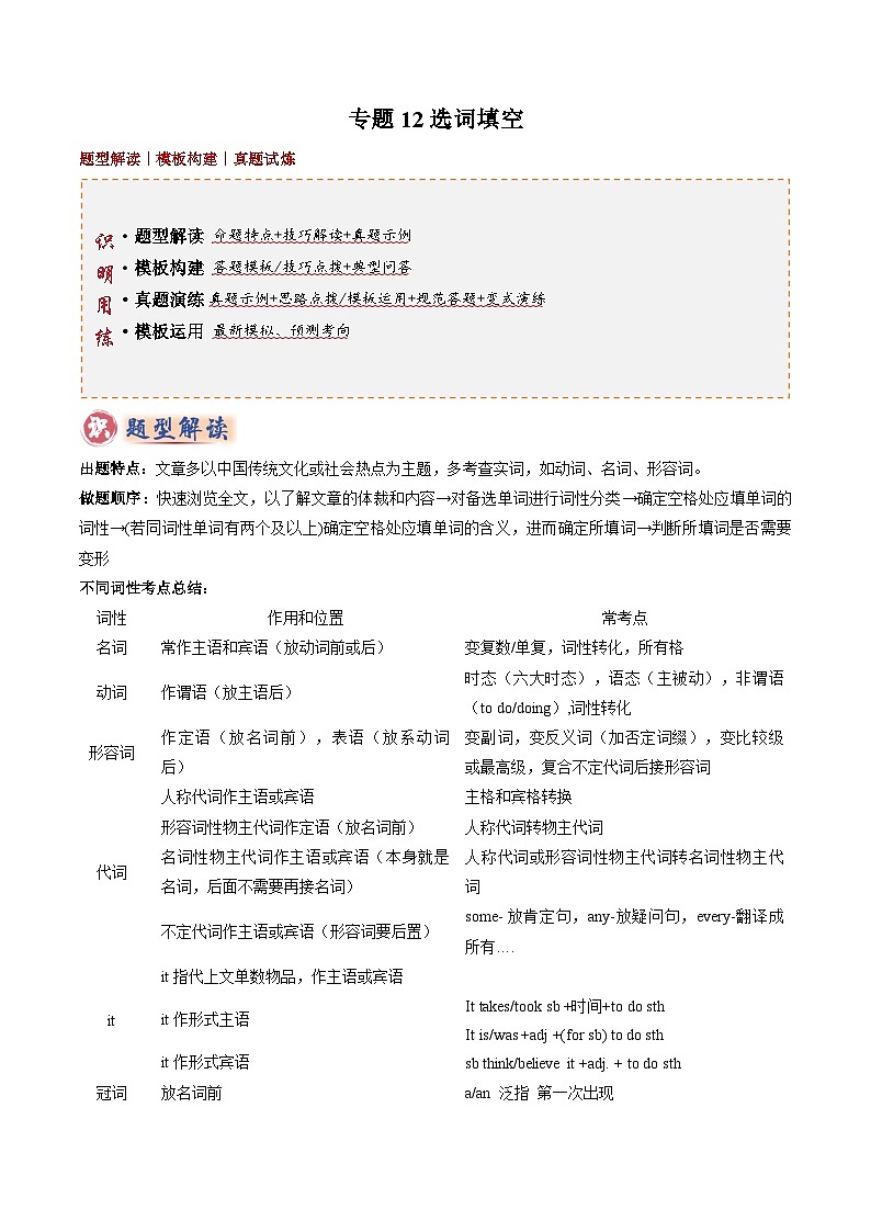 2025年中考英语答题技巧与模式(通用版)专题12选词填空(学生版+解析)特训第1页