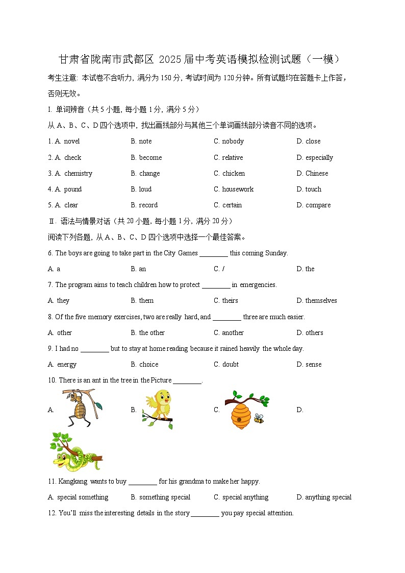 甘肃省陇南市武都区2025届中考英语模拟检测试题（一模）含答案第1页