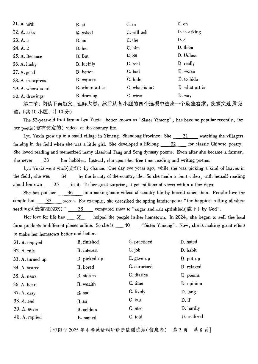 2025年陕西省安康市旬阳市九年级下学期一模考试英语试卷（中考模拟）第3页
