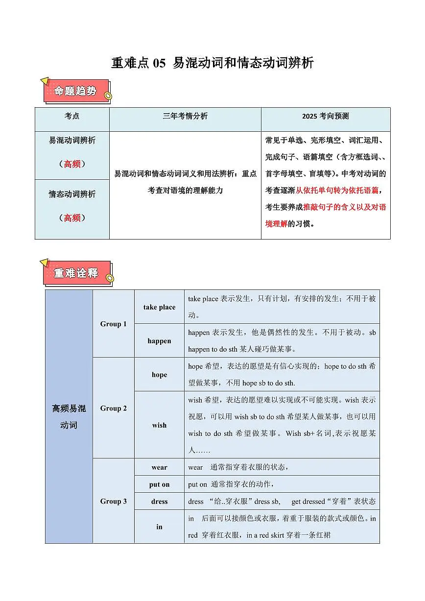 重难点05 易混动词和情态动词辨析（原卷版）第1页