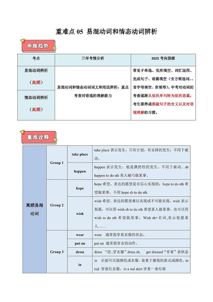 重难点05 易混动词和情态动词辨析（解析版）第1页