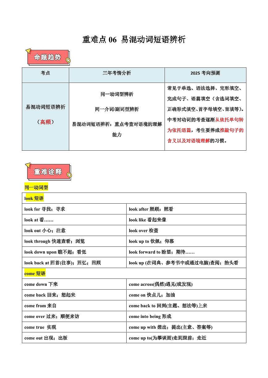 重难点06 易混动词短语辨析（原卷版）第1页
