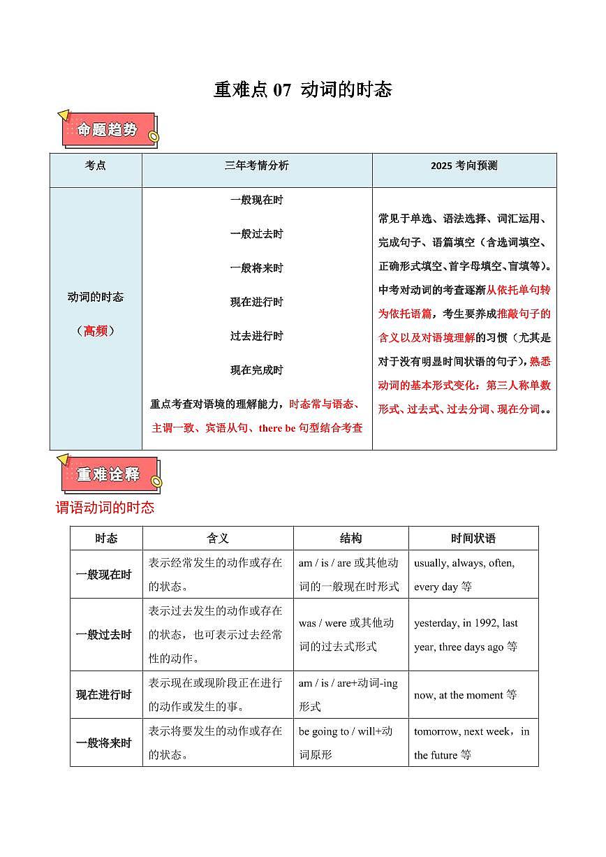 重难点07 动词的时态（原卷版）第1页