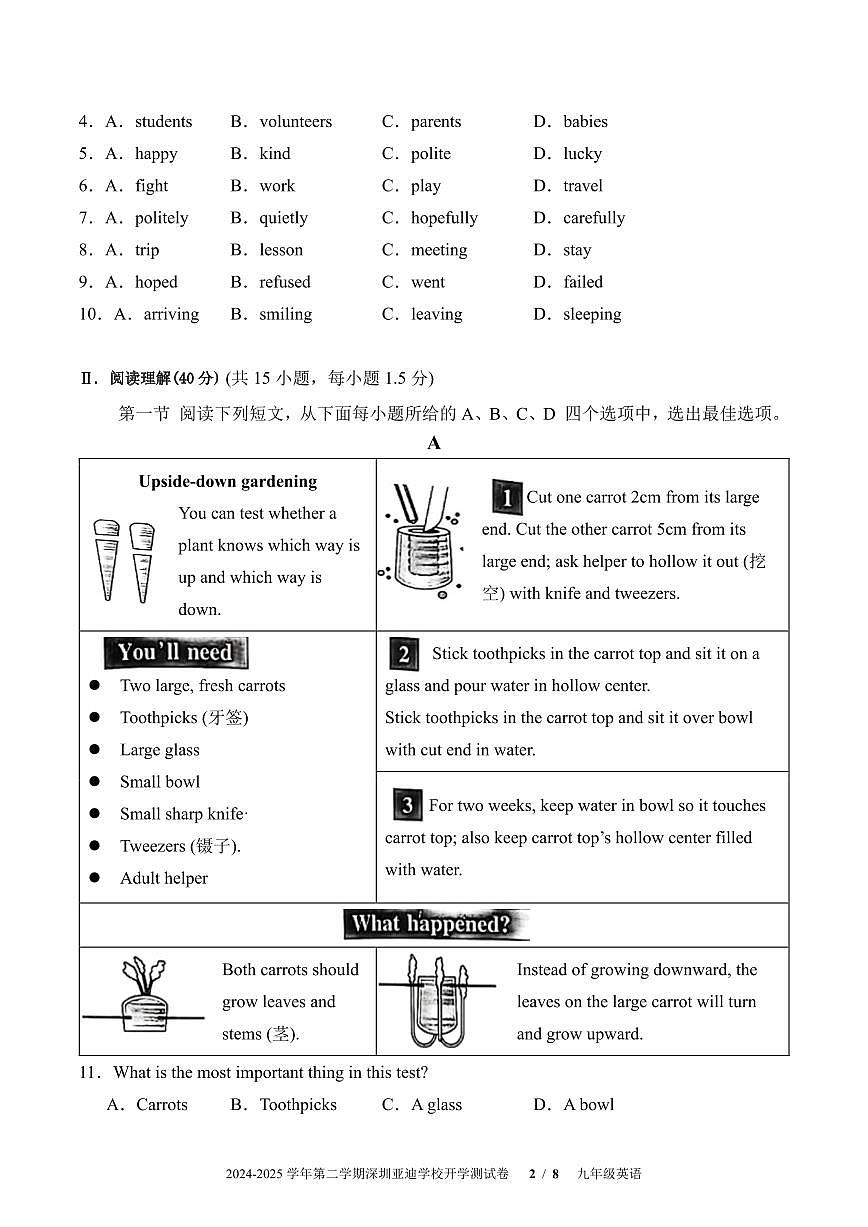 九下--开学考--2024-2025学年深圳市大鹏新区亚迪学校9下开学考英语试卷第2页