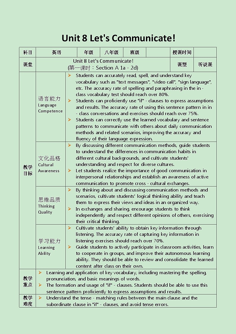 2025秋人教英语八上表格式教案Unit 8 第1课时第1页