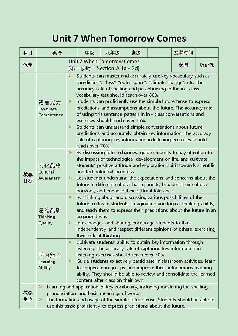 2025秋人教英语八上表格式教案Unit 7 第1课时第1页