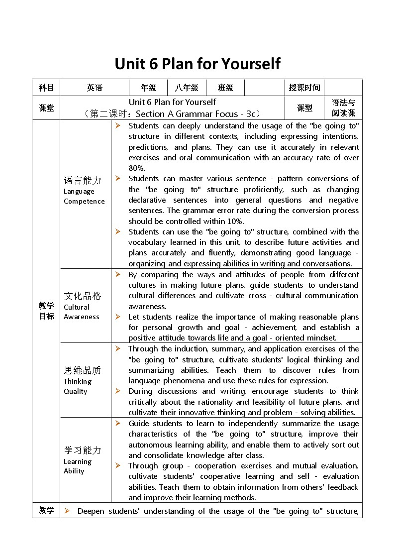 2025秋人教英语八上表格式教案Unit 6 第2课时第1页