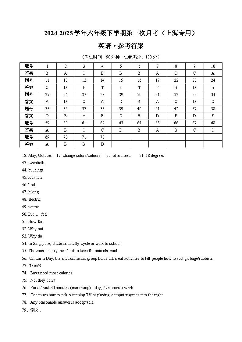六年级英语月考卷（参考答案）（上海专用）第1页