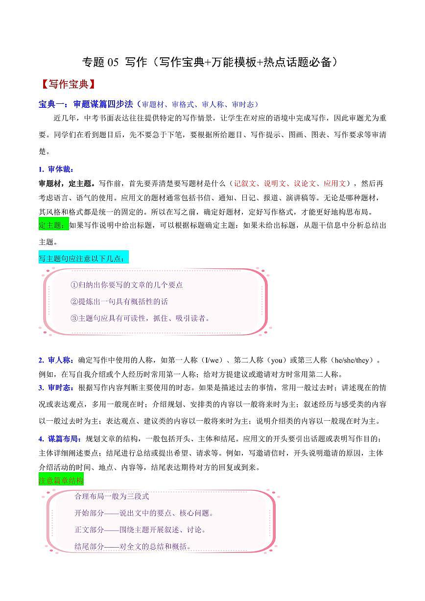 查漏知识 专题05 写作（写作宝典+万能模板+热点话题必备）-2025年中考英语冲刺抢押秘籍（全国通用）第1页