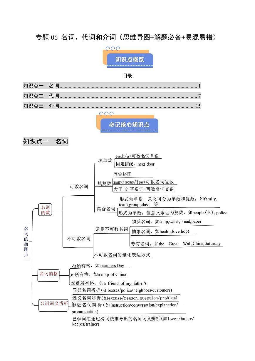 查漏知识 专题06 名词、代词和介词（思维导图+解题必备+易混易错） （原卷版）第1页