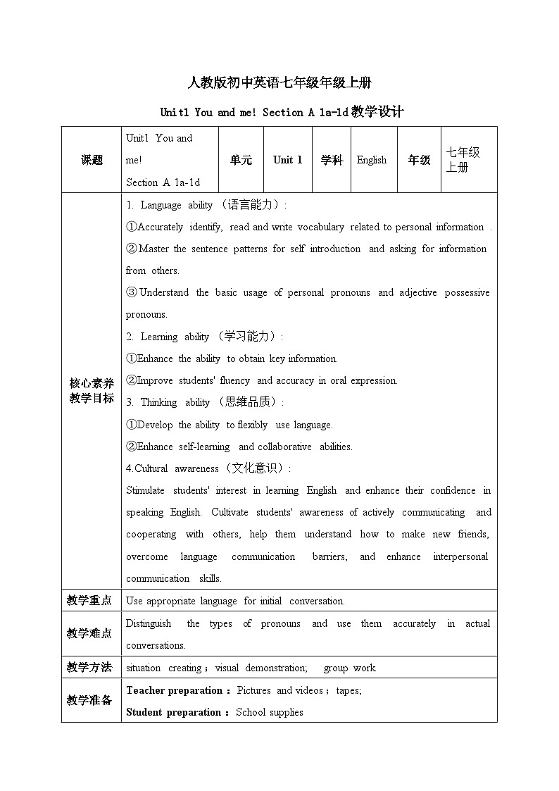 人教2024初中英语七年级上册Unit1You and me!SectionA 1a-1d教案第1页