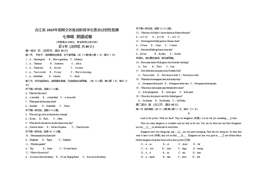 四川省泸州市合江县2024-2025学年七年级下学期期中考试 英语试卷第1页