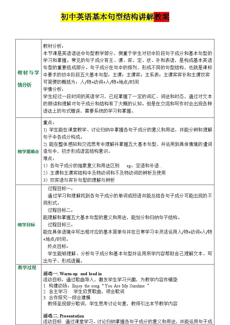 初中中考英语基本句型结构讲解教案&学案第1页