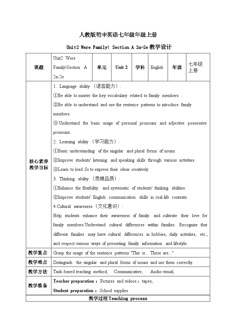 人教2024初中英语七年级上册Unit2Were FamilySectionA 2a-2e教案第1页