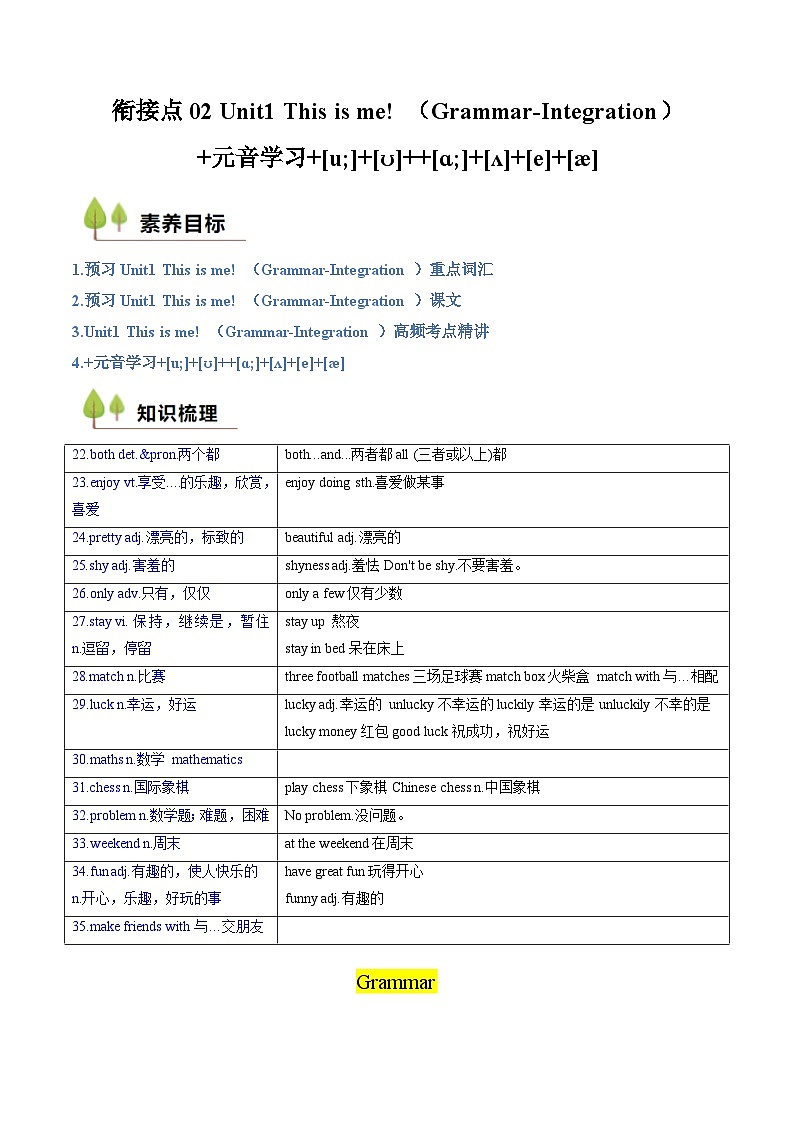衔接点2 新牛津译林版七年级上册Unit1 This is me! （Grammar-Integration）+元音学习+[u;]+[ʊ]++[ɑ;]+[ʌ]+[e]+[æ]（解析版）第1页