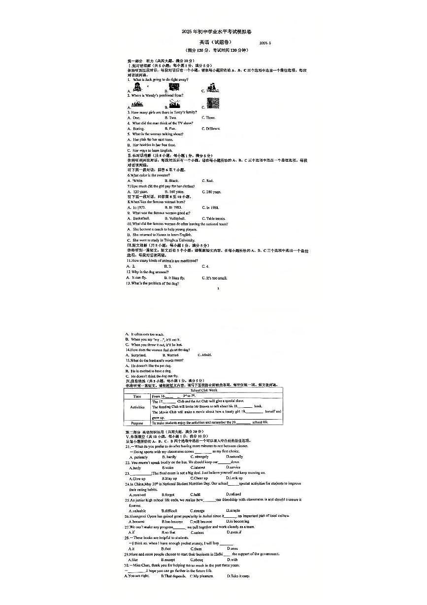 2025年安徽省合肥新站实验中学中考三模英语试卷（中考模拟 ）第1页